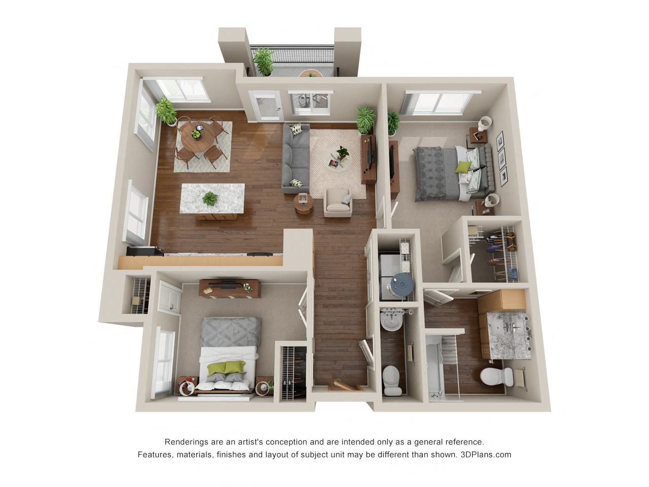 Floor plan for 2 beds, 1.5 baths, 913 sqft